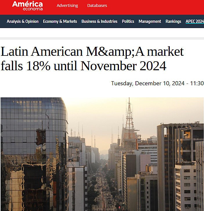 Latin American M&A market falls 18% until November 2024